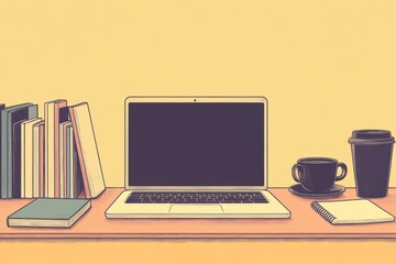 Creative workspace design featuring a desk with laptop, books, and coffee