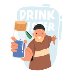 Bearded adult hipster guy character offering bottle of refreshment liquid exhorting to drink water
