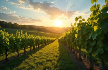 Fototapeta premium Sunlit vineyard Traverse City. Rows lush green grapevines stretch rolling hills. Sunny day rural landscape. Agriculture, winemaking, countryside. Production, harvest, tourism, wine tasting.