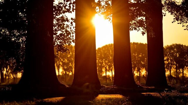 Summer vibes : line of trees in the vibrant sunset light. Rays of sun among the branches. Pure sky and pure gold colors. Pathway with grass in foreground.