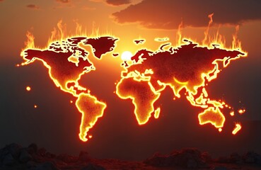 Burning world map in sunset. Visual metaphor for climate change global warming environmental disaster. Flames around continents, heat danger crisis. Warning about global warming, environmental