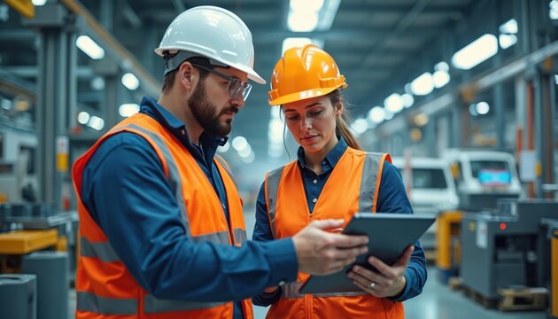 Male engineer female product designer discuss work at car assembly plant using tablet. Industrial specialists working on vehicle design, quality control, tech factory.