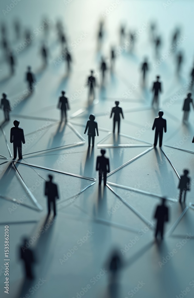 Poster miniature people shapes connected by thread lines. symbolic representation of communication, social 