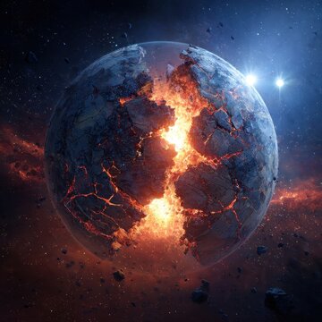 Shattered planet with molten core exploding in a cosmic landscape.
