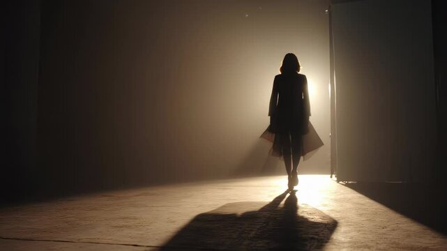 Elegant woman silhouetted against bright doorway, moving gracefully from shadowy darkness, flowing dress highlighting feminine movement and inner strength