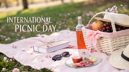 International picnic day scene with basket food and drink on a blanket in a park
