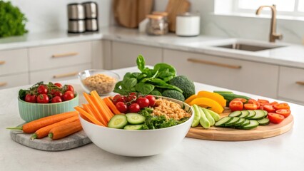 Healthy veggie bowl quinoa carrots cucumbers tomatoes
