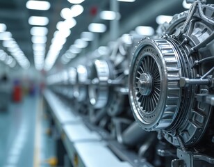 Fototapeta premium Modern industrial photo car engine production line. Shiny stainless steel components. Factory machinery. Automated manufacturing process. Precision engineering technology.