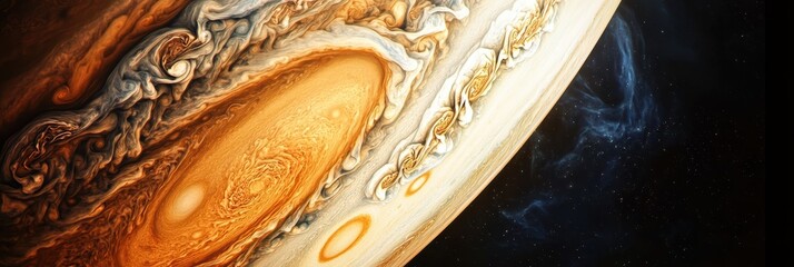 Jupiter's immense storm surrounded by dynamic swirling gas clouds in the cosmos