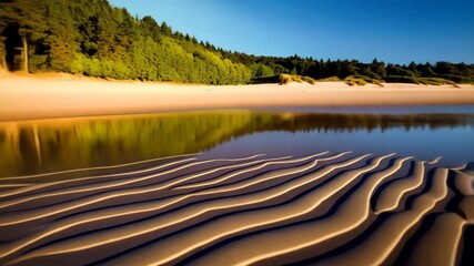 Seashore landscape featuring textured sand formations reflecting a clear blue sky and calm water at the edge of a tranquil beach setting - Powered by Adobe