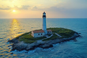 Drone view reveals serene lighthouse on an island during sunset over calm waters