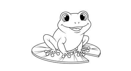 Frog coloring page for kids, cute frog on lily pad outline drawing, amphibian line art vector on transparent background