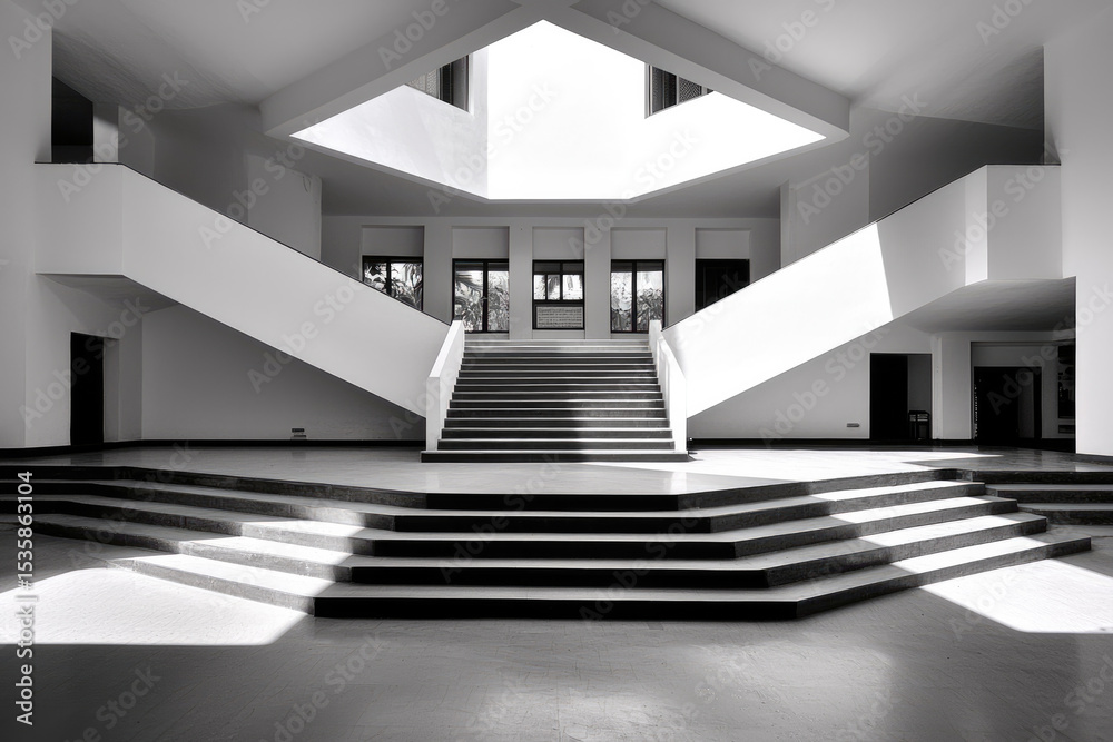 Poster modern interior space with angular architecture, geometric staircase, natural light, and minimalist 