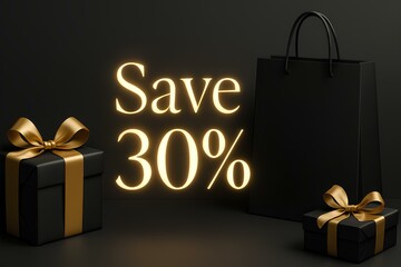Elegant banner for luxury sale, black and gold style, glowing letters Save 30, clean background with soft shadows, premium shopping vibe