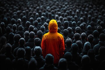 Obraz premium Brightly colored figure stands out among crowd in dark setting at an event