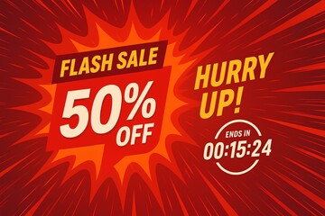 Dynamic flash sale banner with explosive red and orange design, bold 50 OFF sign, shopping rush concept, speed lines and countdown elements