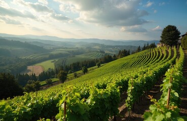 High angle view of vineyard in Sonoma Valley California USA. Green grape vines in rows on a sunny day. Rolling hills under a blue sky. Agriculture, travel destination.