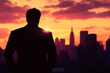 Silhouette of a businessman against a vibrant sunset over the city skyline