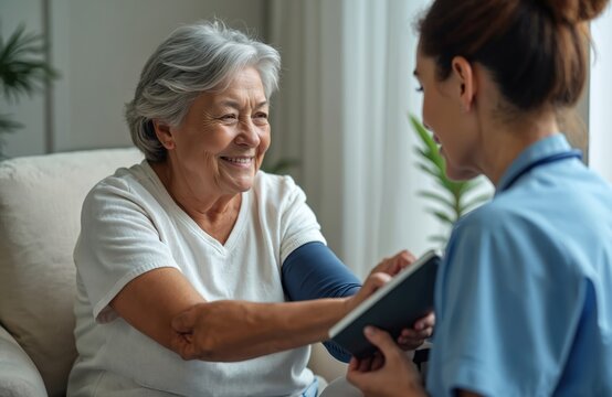 Female nurse measures blood pressure of elderly Black woman at home. Healthcare worker uses automatic tonometer. Senior patient getting check-up, monitoring health. Home visit, wellness, medicine,