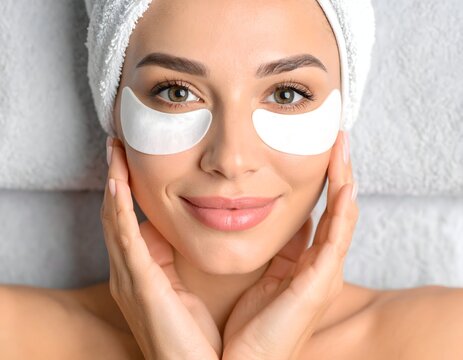 Beautiful woman enjoying hydrating under eye patches treatment at spa