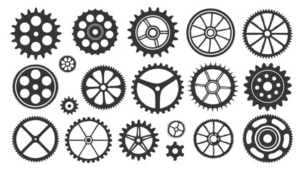 mechanical gears cogs wheels steampunk industrial machinery icons vector collection black isolated on white background.