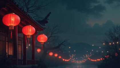 Fototapeta premium Red lanterns hanging, dark background. Asian building with red lanterns glowing at night. Chinese culture festival or islamic celebration event. Holiday decoration for greeting card.