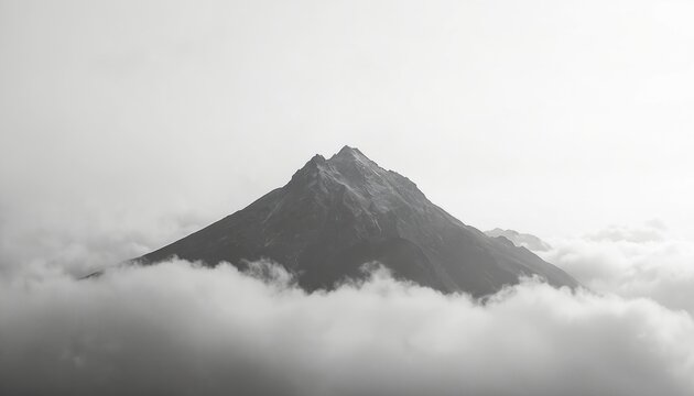 Monochrome mountain peak pierces thick cloud cover. A study of atmospheric perspective, it emphasizes the grandeur of nature. Black and white photo with dramatic sky over misty highlands. scenery. - Powered by Adobe