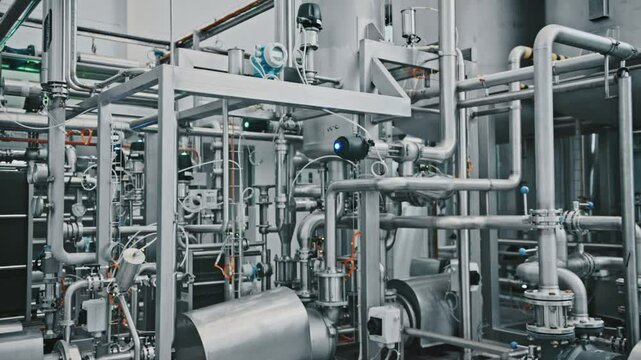 Complex network of stainless steel pipes, valves, and tanks ensures efficient production in a modern brewery, showcasing advanced technology and industrial processes