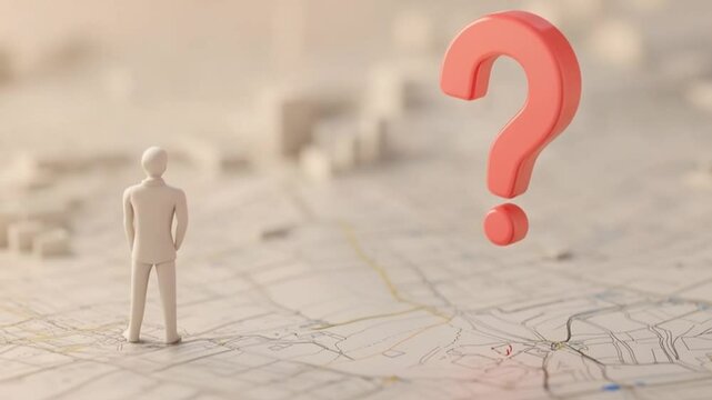 A person standing on a detailed map, pondering directions with a large question mark above
