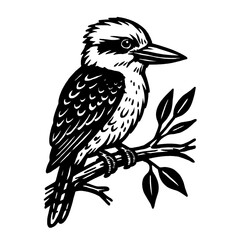 Kookaburra Bird on Branch in Vintage Black and White Vector Illustration