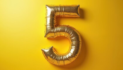 Shiny golden number 5 balloon on vibrant yellow background. Bright design element for birthday celebration, anniversary, or event. Modern typography, ideal marketing advertisement, poster.