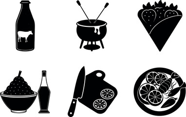 Assorted food and drink icons black silhouette vector illustration