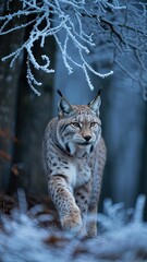 Majestic Eurasian Lynx Walking in Frosty Winter Forest - Enchanting Wildlife Photography with Cool Blue Tones