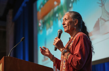 Senior Native American woman speaker on stage, conference. Shares wisdom on Indigenous heritage. Activist delivers message, promoting education, diversity, inclusion. Focus on culture, equality,