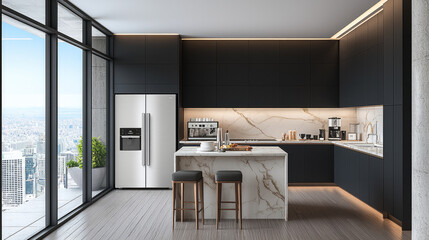 Modern kitchen with marble island, black cabinets, stainless appliances, city view, and natural light