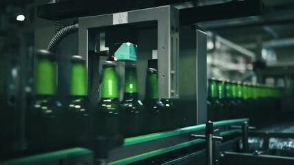 Industrial automated system performing quality control on green glass beer bottles moving along conveyor belt inside brewery manufacturing facility. Showcasing precision of robotic inspection process