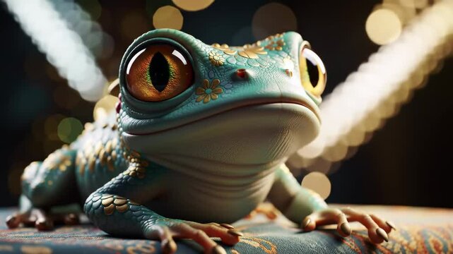 Whimsical blue-eyed frog on patterned fabric with blinking, breathing, and shifting gaze