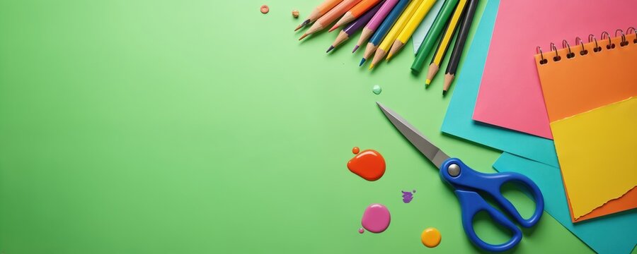 Various school stationery on green background. Pencils scissors paint colorful paper. Back to school concept, education, craft. Top view banner, art supplies. Copy space, design elements. Creative
