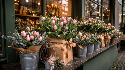 Fototapeta premium Flower bouquet tulip pink metal bucket paper wrap storefront outdoor spring cheerful