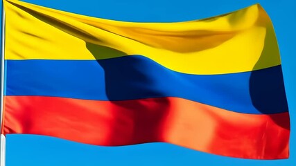Colombian Flag Waving Against a Blue Sky. A vibrant photograph of the Colombian flag waving against a clear blue sky. The flag consists of three horizontal bands: a wide yellow band at the top - Powered by Adobe