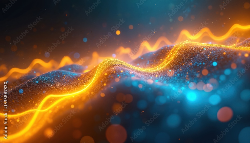 Poster Abstract art illustration with electric yellow, blue wavy sound waves. Digital design art with futuristic energy vibes. Dynamic, bright signal graphic with bokeh effect for hi-tech, tech concepts.