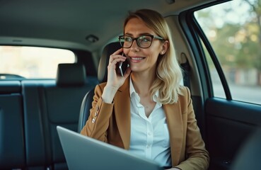 Attractive businesswoman talks phone inside taxi. Smiling woman works remote on laptop, rides in cab. Corporate executive in eyeglasses makes call. Successful pro commuting to work. Busy modern urban