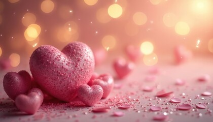 Obraz premium Pink Valentine hearts arrangement on golden bokeh lights background. Love, romance concept. Tender romantic design for greeting cards. Perfect holiday design for February 14. Passionate holiday