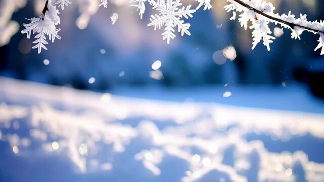 Close-up of snow covered tree branch with intricate snowflake formations, in soft winter light with a light blue blurred background.