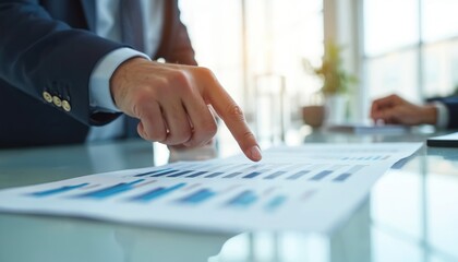 Businessman points finger at financial report graph. Teamwork collaboration, planning, strategy analysis with charts, graphs. Business meeting, risk assessment, contingency plans. Business success,