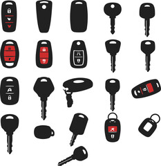 A comprehensive vector illustration set of modern car and bike keys with remote fobs, perfect for automotive, security, and technology designs. Accessible collection.
