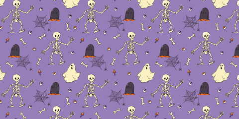 Seamless Halloween pattern featuring dancing skeletons, spooky ghosts, tombstones, spiderwebs, eyeballs, mushrooms, and bones on a purple background.