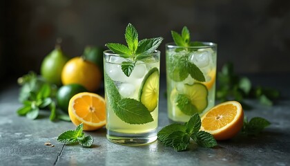 Fototapeta premium Refreshing citrus cucumber infused sparkling water with mint leaves. Cool summer drink with ice cubes and fresh fruits. Healthy beverage. Thirst quenching summer cooler. Mojito cocktail.