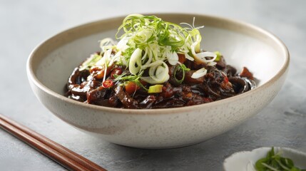 Jajangmyeon : Delicious dark noodle dish garnished with green onions. AI-generated.