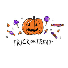 Cute and festive Halloween illustration with a smiling jack-o -lantern, colorful candies, mushrooms, and Trick or Treat text.